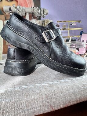 Born Black Leather Buckle Slip-On Flats